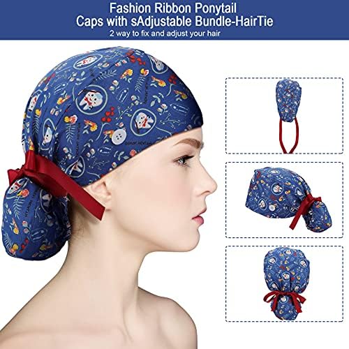 8 Pieces Scrub Caps with Buttons Bouffant Hats with Sweatband Adjustable Ponytail Holder for Women