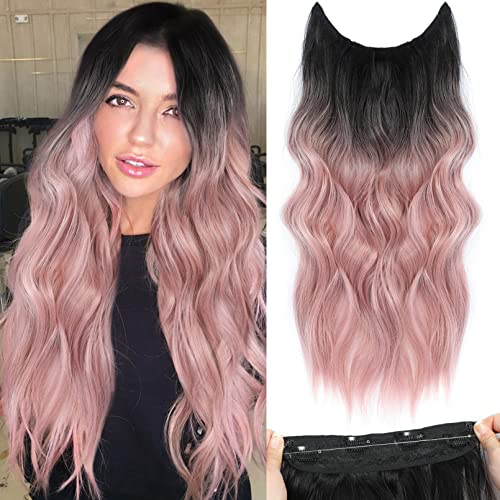 BUPPLER Halo Hair Extensions 20 Inch Invisible Wire Hair Extensions Adjustable Long Wavy Hairpiece Synthetic Upgrade 4 Secure Clips in Hairpieces 20 Inch,Black Brown to Pink Gray