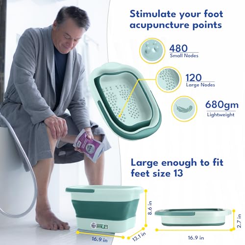 AWA Foot Soaking Tub, Collapsible Foot Bath Soak Tub for Soaking Feet, Pedicure Bowl, Plastic Feet Soaking Tub with Acupressure Massage Points, Foldable Laundry Basket (Teal Foot Tub)