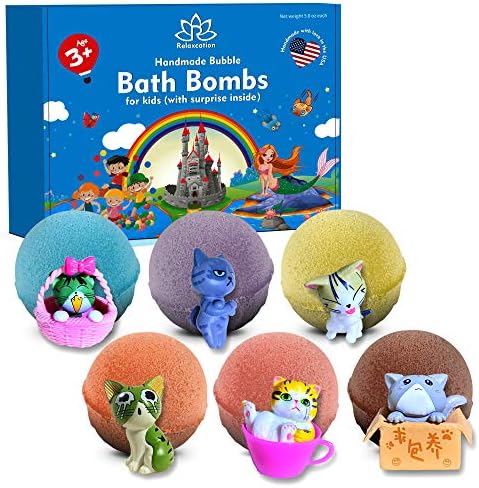 Made in USA 6 Bath Bombs for Kids Set with Cat Toys Surprise Inside for Kids - Surprise Cute Cats Inside Each Fizzy Bath Ball - Natural and Safe for Girls, Boys, Teens - Perfect for Gift - Handmade