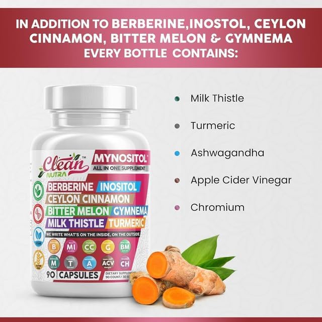 Clean Nutra Berberine Supplement with Ceylon Cinnamon, Bitter Melon, Inositol, Gynema Sylvestre, Milk Thistle, Turmeric Extract Berberis HCL Phytosome Capsules Vegan Supplements