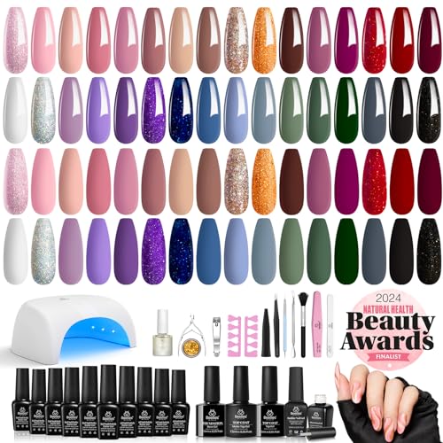 beetles Gel Polish Beetles Gel Nail Polish Kit with Uv light 52 Pcs Gel Starter 32 Colors Pink Red Nude Grey Glitter Brown Gel Polish Set Soak Off Base Top Coat Builder Gel Art Manicure for Women