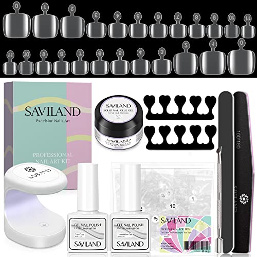 SAVILAND Toenail Tips and Solid Glue Gel: 500 PCS Clear Press on Toe Tips with Nail Glue Gel Base & Top Coat U V Light Pedicure Kit for Salon Home DIY Gift For Women