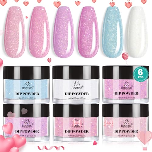 Beetles Dip Powder Nail Kit, 6 Colors Pink White Purple Powder Dipping Set Spring Colors for All Seasons, Blue Pink Glitter DIY Art Manicure No Need Nail Lamp Cured Gifts for Women