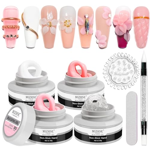 MIZHSE Solid Builder Gel, Nail Sculpture Gel Non-Sticky 4 Colors Nude Clear White Pink Hard Builder Nails UV LED Nail Extension for Salon Manicure Home DIY