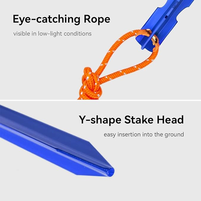 12 Pack Tent Stakes, 7-inch Ultralight Aluminum Ground Pegs with Reflective Pull Ropes, Tri-Beam Stakes in a Carrying Bag, for Camping, Backpacking, Hiking Tent, Hammocks and Canopy (Blue)