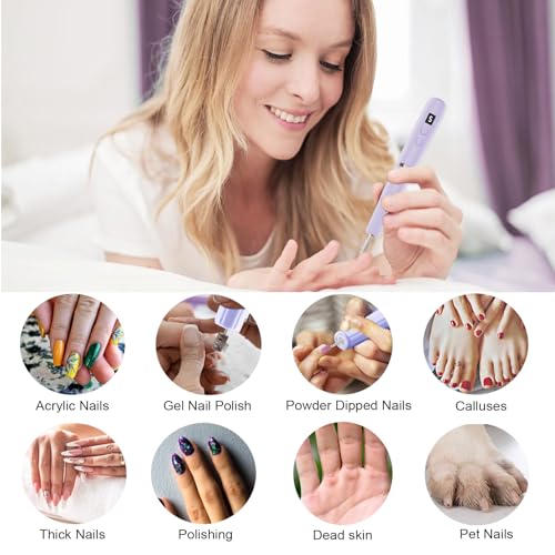 AOMEES Portable Electric Nail File, Cordless Nail Drill with Light for Acrylic, Gel Nails, 12 in 1 Personal Polish Manicure Tools with Nail Drill Bits for Salon Home Use (Lavender)