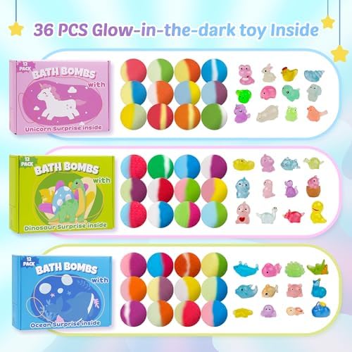 Bath Bombs for Kids with Toy Inside, 36 Pcs Bath Bombs with Glow in The Dark Dinosuar, Animal and Ocean Surprise Inside, Handmade Organic Bubble Bath Ball Gift Set for Birthday, Easter, Christmas