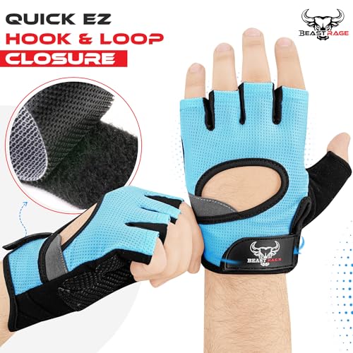 BEAST RAGE Workout Gloves for Men and Women, Fingerless Weight Lifting Gloves with Palm Protection Padding, Breathable and Lightweight Gym Gloves for Weightlifting, Cycling Pull Up (Aqua, XS)