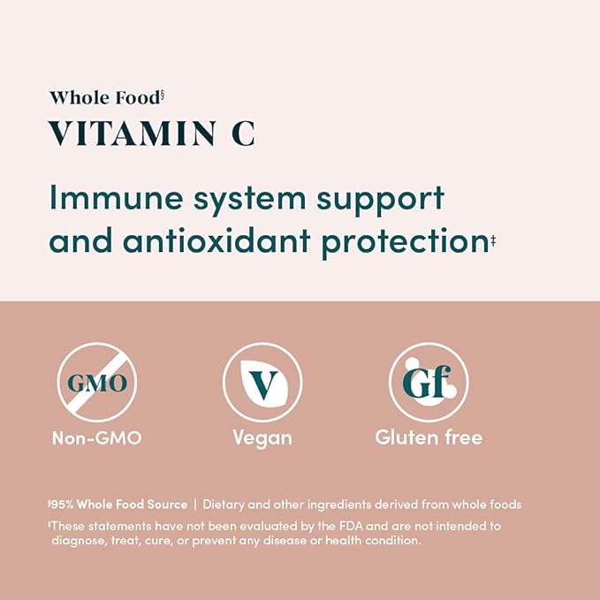 Amazon Elements - Whole Food Vitamin C, 95% Whole Food Source, Dietary and other ingredients derived from whole foods, Non-GMO verified ingredients, vegan certified, and gluten free, 60 capsules