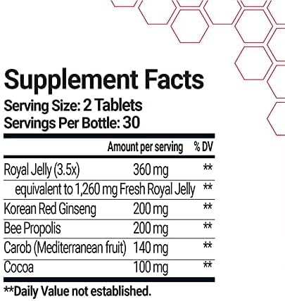 Bee and You Royal Jelly with Ginseng Tablet, Propolis Extract, 60ct, 100% Natural Superfood, Ultra Pure, Immune Support Supplement, Antioxidants, Keto, Paleo, Gluten-Free