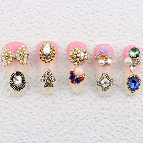 50pcs 3D Gold Nail Charms for Acrylic Nails Mix Styles Rhinestones for Nails Metal Nail Jewels for Nail Art Shiny Zircon Nail Rhinestones Alloy Nail Charm Pearl Nail Gems Cute Charms for Nails Design