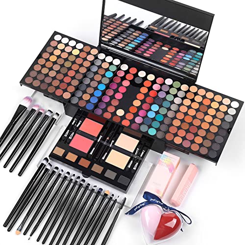 Makeup Gift Sets For Women - 190 Colors Makeup Palette Include Eyeshadow, Blushes, Eyebrow Powder,Eye Pencil,Mirror+20Pcs Makeup Brushes+Eyeshadow Primer+2Pcs Sponge Puff Make Up Set (Makeup Set A)