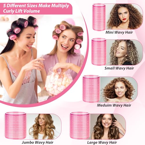 65 PCS Hair Curler Rollers with 5 Sizes Self Grip Roller for Women Roller for Long Medium Short Thick Fine Thin Hair Bangs Volume, Jumbo Curlers Rollers with Storage Bag Teasing Brush