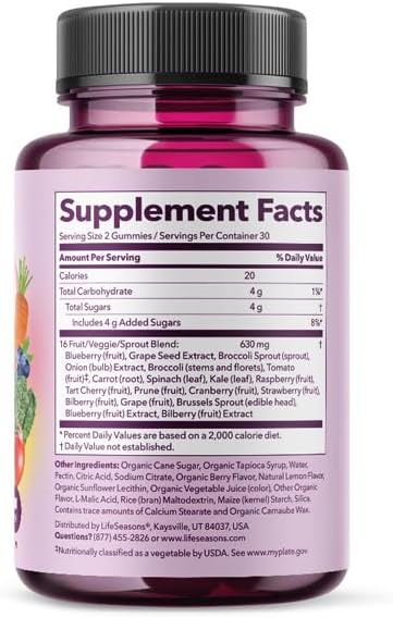 LifeSeasons Fruit & Veggie Gummy Supplement - 16 Fruits Vegetables & Sprouts - Vitamins Minerals & Antioxidants - Nutritional Support for Immunity & Wellness - 3X More Potent - 60 Gummies