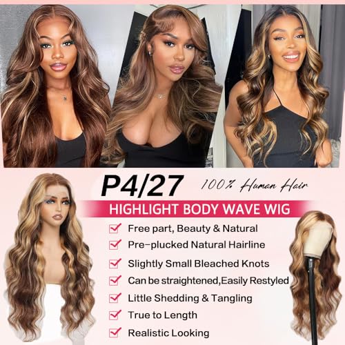 30 Inch Honey Blonde Ombre Lace Front Wig Human Hair 13x6 HD Lace Front Wig 4/27 Highlight Ombre Body Wave Lace Frontal Glueless Wigs Pre Plucked with Baby Hair