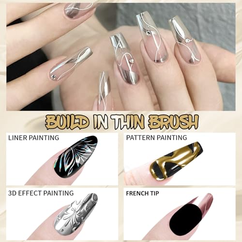 4x12ml Metallic Mirror Painting Liner Gel Polish Set, Mirror Chrome Holographic Laser Effect Painted Nail Polish, Metal Drawing Striper Gel Build in Thin Brush Nail Art Manicure Set