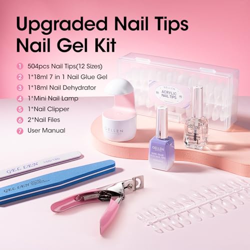 Gellen Gel Nail Kit Easy Nail Extension Set, 504Pcs Pre-Shaped Medium Almond x Gel Nail Tips, Gel Nail Glue, Nail Dehydrator, Mini LED Nail Lamp, Nail Clipper & Files, Home DIY Nail Art Manicure Gift
