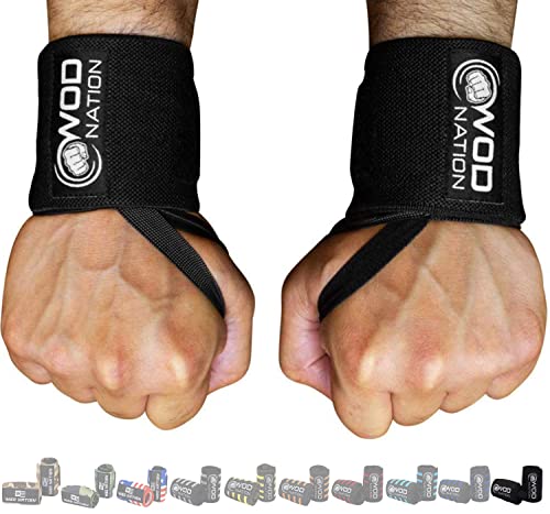 WOD Nation Wrist Wraps for Weightlifting, 12” Professional Gym Wrist Straps w/Thumb Loop, Wrist Wraps for Men & Women, Wrist Support Wraps for Strength Training, Powerlifting & Bodybuilding (Black)