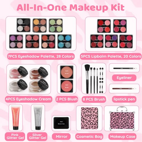 Anpro All-In-One Leopord Double Folding Makeup Carry Case with Pro Teen Makeup Set, Full Starter Kit with Makeup Brushes, Lipsticks, Eyeshadow Palette, Blushes, Glitter Gel, Ideal Present for Girls