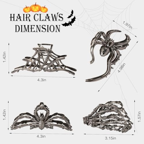 4 PCS Spider Metal Claw Clips, Gothic Hair Claw Clips for Women Girls, Non-Slip Hair Claws for Thick Thin Hair, Spider Web Skeleton Hand Skull Medium Hair Accessories for Women Halloween Party (Black)