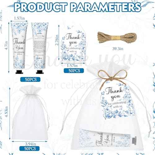 50 Sets Blue Flower Baby Shower Hand Cream Set, Favors Party for Guests Bridal Wedding Gift Bulk Baby Shower Travel Size Hand Cream Blue Flower with Thank You Card and Organza Gift Bags(blue flower)