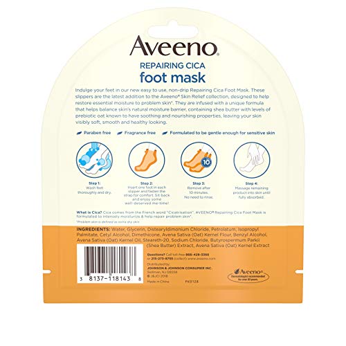 Aveeno Repairing CICA Foot Mask with Prebiotic Oat and Shea Butter, Moisturizing Foot Mask for Extra Dry Skin, 2 Single-Use Slippers 1 ea