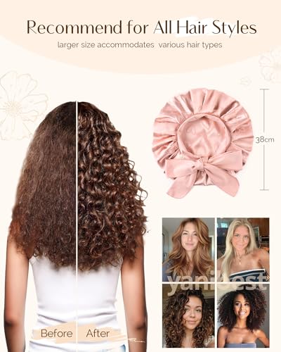 YANIBEST Adjustable Satin Bonnet for Sleeping, Double Layer Silk Bonnet with Tie Band for Women, Sleep Cap Curly Natural Hair, Pink