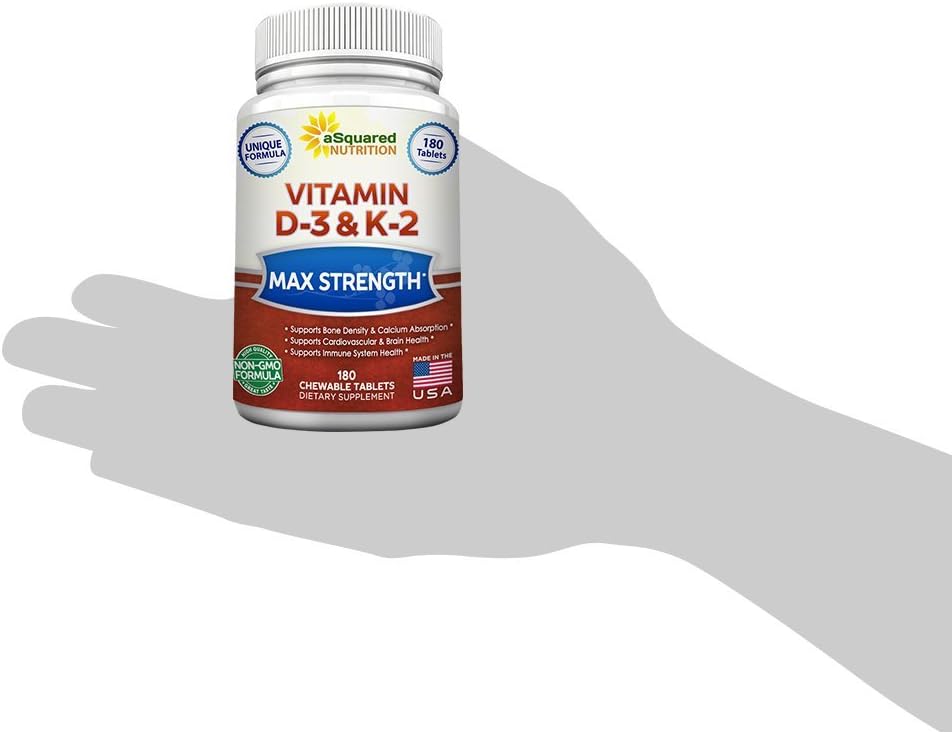 aSquared Nutrition Vitamin D3 with K2 Supplement-180 Chewable Tablets, Max Strength D-3 Cholecalciferol & K-2 MK7 to Support Healthy Bones, Teeth, Heart -Antioxidant D3 & K2 MK-7 Energy Formula Adults