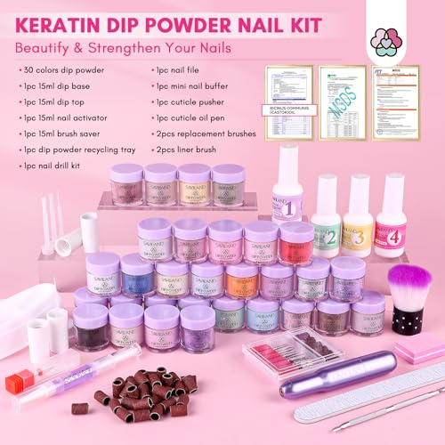 SAVILAND Dip Powder Nail Kit with Drill: Starter Set 30 Colors Summer Spring Keratin Dip Nails Powder with Dipping Liquid Set Activator Base Top Coat Cuticle Oil for DIY Manicure Nail Art