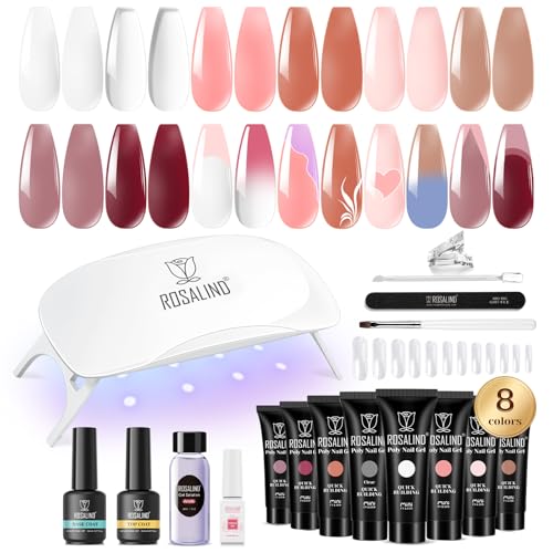 ROSALIND Poly Nail Gel Kit -8 Colors + White Brown Accessories Clear Nude Poly Nails Gel Starter Kit With Slip Solution Nude Pink Extensions Set with Mini UV Lamp