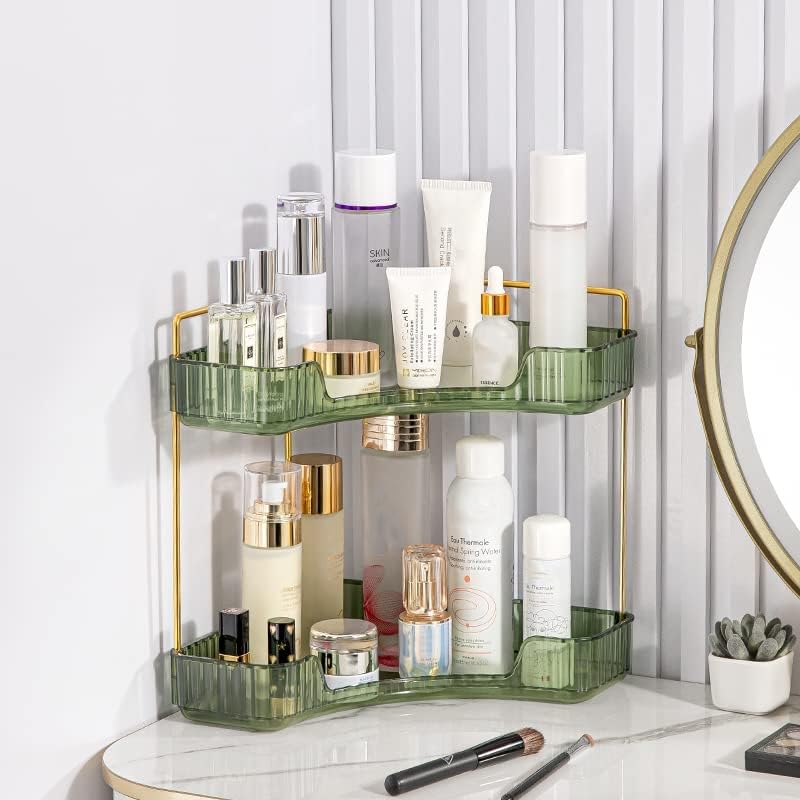 Corner Bathroom Counter Organiser, Vanity Trays for Bathroom, Skincare Makeup Organiser Shelf, Vanity Organiser, Bathroom Counter Shelf for Cosmetics, Toiletries, Lotions, Perfumes (2 Tiers, Green)