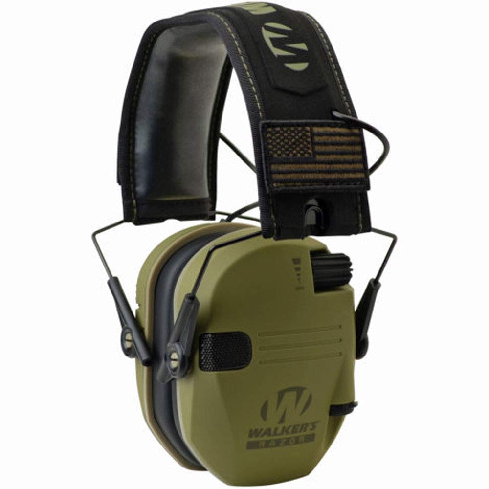 Walker's Razor Slim Shooter Electronic Hunting Folding Hearing Protection Earmuffs w/ 23dB Noise Reduction and Shockproof Carrying Case, Green Patriot