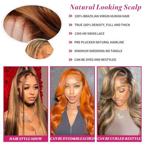 30 Inch Honey Blonde 13x6 Hd Lace Frontal Wig Human Hair 200% Density 13x6 Straight Ombre Lace Front Wigs Human Hair Highlight Honey Blonde Wig Pre Plucked with Baby Hair for Women