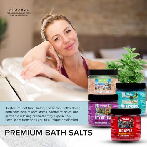 Spazazz Hot Tub Aromatherapy Destination Collection Bath Salt Crystals Four- 4oz Pack - Aloha Paradise, Big Apple, City of Love, Cherry Blossom - Bath Salts Perfect for Hot Tubs, Baths, and Foot Soaks