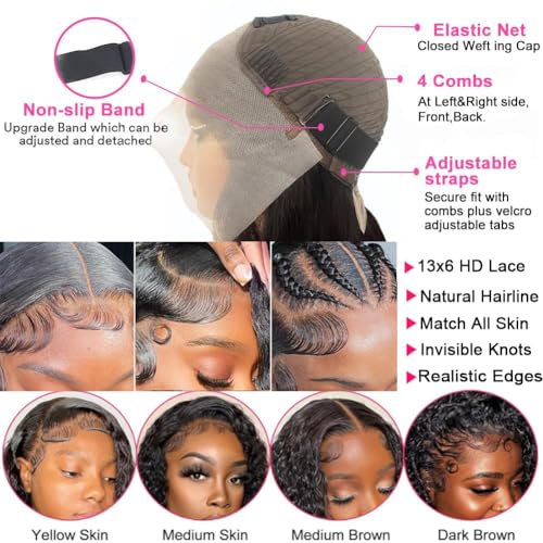 30 Inch Deep Wave Lace Front Wigs Human Hair 200 Density 13x6 HD Lace Frontal Wigs Human Hair Pre Plucked Deep Curly Glueless Wigs Human Hair with Baby Hair Curly Wigs for Women Natural Color