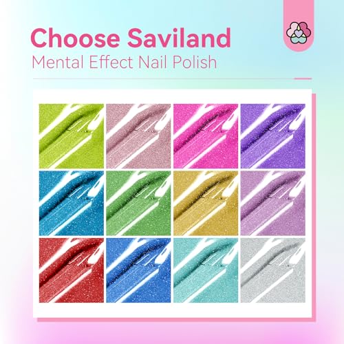 SAVILAND Metallic Nail Polish Set: 12 Colors Mirror Chrome Glitter Nail Polish 0.34oz Holographic Red Silver Pink Nail Polish Quick-Dry Base Top Polish Coat for Fingernail Toenail French Manicure Art