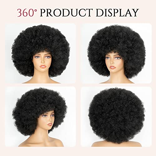 70's Afro Wig for Women, Natural Black Short Afro Kinky Curly Wig, Glueless Synthetic Wig with Bangs, Puffy & Fluffy Bouncy Afro Wig for Daily Cosplay Party
