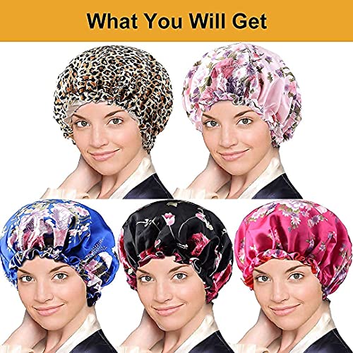 5pcs Satin Silk Hair Bonnet for Sleeping Women, Sleep Bonnets for Women, Silky Double Layer Adjustable Sleep Cap for Curly Hair Braids