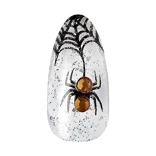 KISS Voguish Fantasy Halloween Nails, Black, Medium Length, Almond Shape, Pink Gel Nail Glue (2g), Mini Nail File, Manicure Stick, & 28 Fake Nails