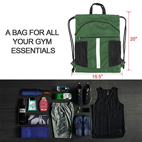 BeeGreen Dark Green Drawstring Backpack with Shoe Compartment X-Large Gym Sports String Cinch Backpack Athletic Sackpack with Front Inside Zipper Pockets