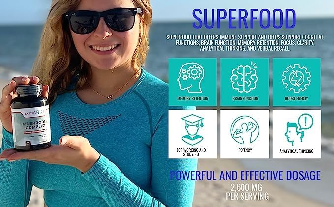 EARTH'S BIO Mushroom Supplement Complex 2,600 mg per Serving, 90 Caps, with Organic Lion's Mane Mushroom, Turkey Tail, Enoki Agaricus, White Button & Oyster Mushroom - Memory & Immune Support