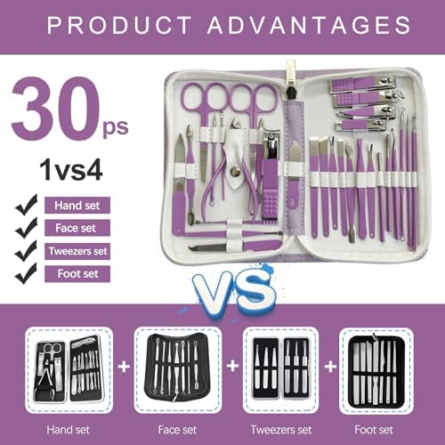 Manicure Set 30 in 1 Nail Clippers Set,Nail Manicure Kit for Women,RedFlow Toenail Clippers,Pedicure Kit,Pedicure Tools,Suitable for Travel Manicure Tools (Purple)