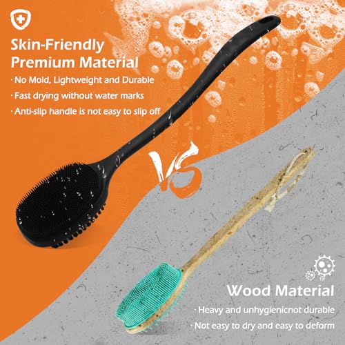 VWMYQ Back Scrubber for Shower, New Update Double Sided Body Scrub Brush Long Handle with Soft Silicone Bristles and Stiff Nylon Bristles for Shower Exfoliating and Massage Can Produce More Rich Foam
