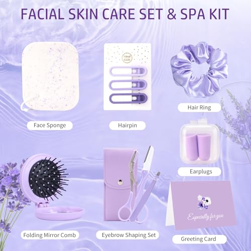 Facial Skin Care Set & Spa Kit, Lavender Spa Gifts for Women, Body & Facial Relaxation Kit, Mothers Day Gift Ideas, Self Care Gifts Birthday Christmas Gifts Includes Face Cream Oil Shower Accessories