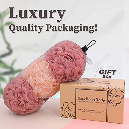 myHomeBody Large 70g Loofah Sponge, Body Scrubber, Bath Sponge, Loofah for Women, Men, Exfoliating Sponge Shower Pouf with Activated Charcoal - 3 Pack, 2 Coral Red + 1 Peach