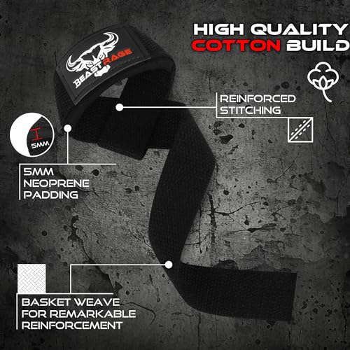 BEAST RAGE Lifting Wrist Straps for Weightlifting, Weight Lifting Straps Gym Power Workouts Lifting Straps Padded Cotton Men Women Supportive Lift Deadlift Straps Hard Pull Exercise Straps (Black)