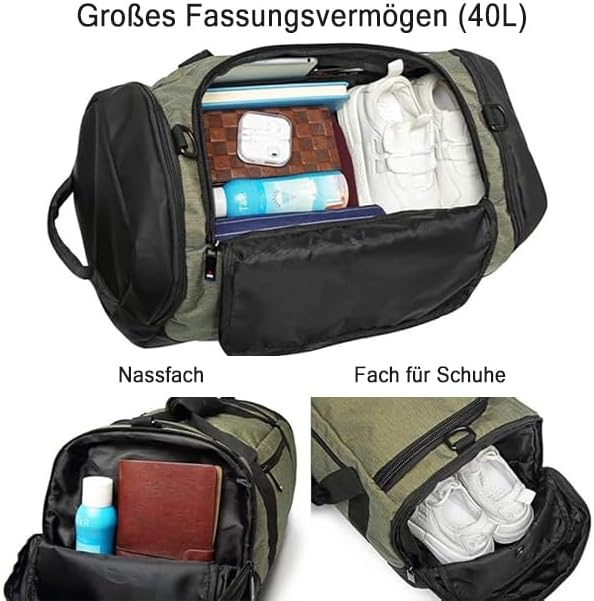 Gym Duffle Bag Backpack Waterproof Sports Duffel Bags Travel Weekender Bag for Men Women Overnight Bag with Shoes Compartment Green