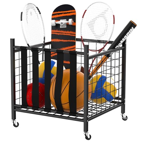 WALMANN Garage Ball Storage Organizer with Wheels, Indoor/Outdoor Sports Ball Storage Rolling Cart Kids Toys Storage Bin, Ball Holder for Garage