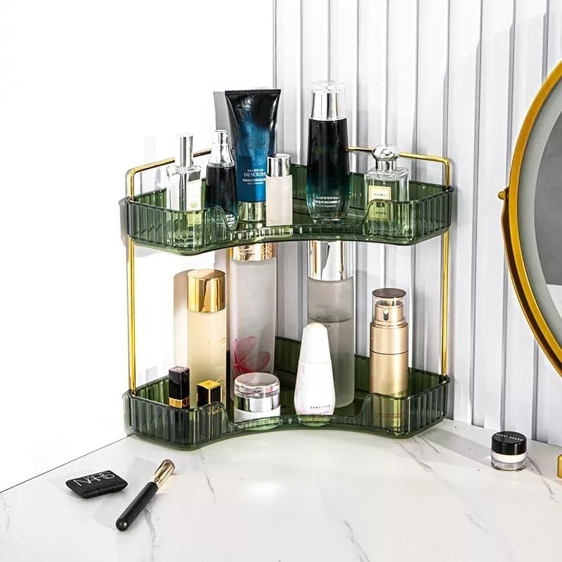 Corner Bathroom Counter Organiser, Vanity Trays for Bathroom, Skincare Makeup Organiser Shelf, Vanity Organiser, Bathroom Counter Shelf for Cosmetics, Toiletries, Lotions, Perfumes (2 Tiers, Green)